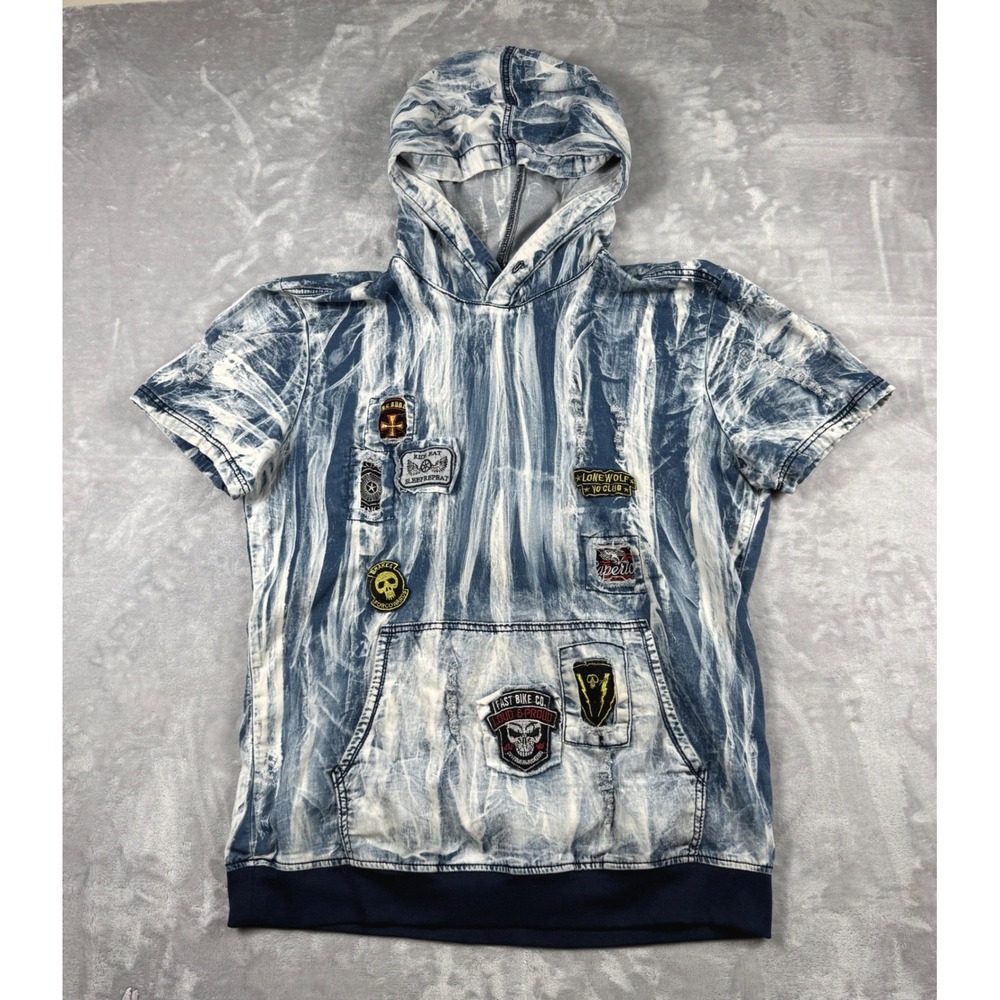 Imperious‎ IMP 93 Short Sleeve Hoodie Mens XL Blue Acid Wash Distressed Patches